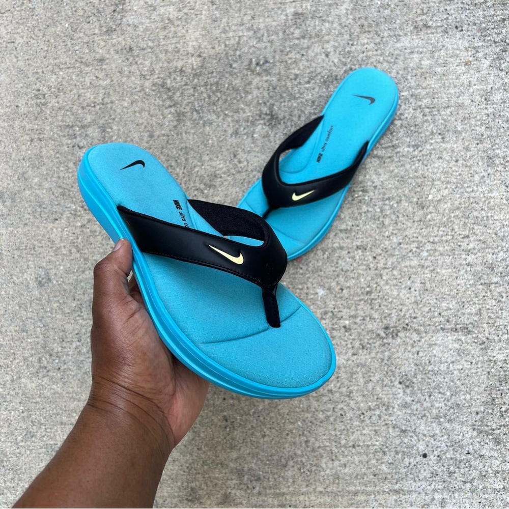 WMNS NIKE ULTRAS COMFORTS THONGS THNG 3 III LIGHT TIFFANY TEALS BLACKS FOOT FLIP - Picture 4 of 8